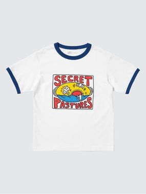 Uniqlo White Ringer Tee with Blue Trim and Colorful Graphic
